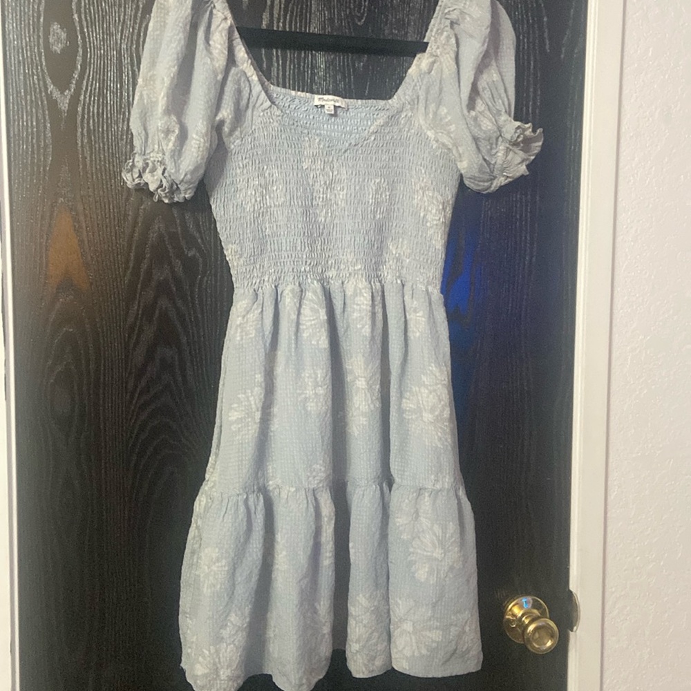 Madewell Silk Lucie Smocked Mini Dress in Moody Blooms Blue Size Medium